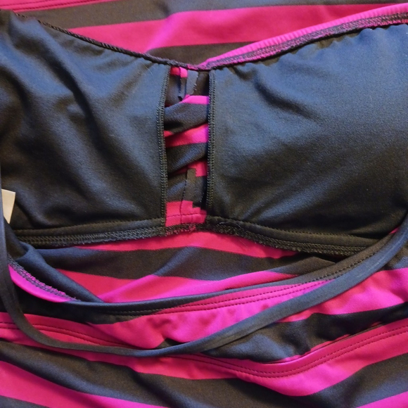 Mossimo Women's XL Hot Pink Gray Striped Tankini Top Strapless/Halter Magenta - Picture 5 of 5